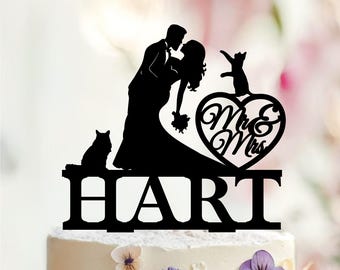 Personalized Wedding Cake Topper with cat, Silhouette couple Cats cake decoration, Acrylic or Wood