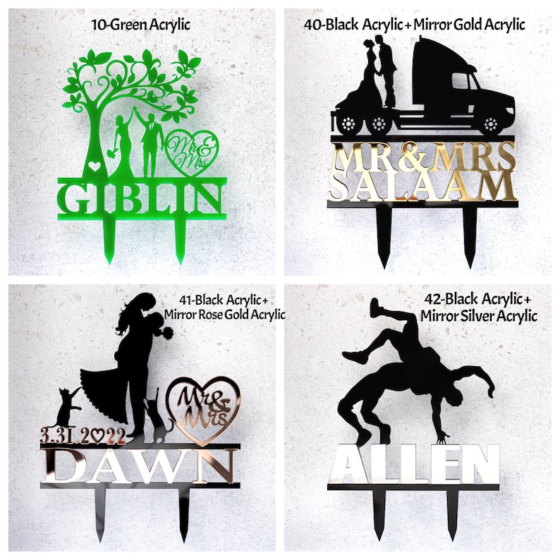 May include: Four acrylic cake toppers with stakes. Top left: green tree design with "GIBLIN" and "Mr & Mrs". Top right: black and gold truck with "MR & MRS SALAAM". Bottom left: black and rose gold with "DAWN", "3.31.2022", and "Mr & Mrs". Bottom right: black and silver with "ALLEN" and a wrestling figure.