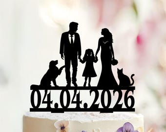 Personalized Family Wedding Cake Topper with Date, Pets Available