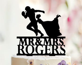 アメリカンフットボールのウェディングケーキトッパー、新郎新婦のシルエット