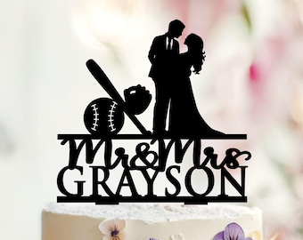 Personalized Baseball Wedding Cake Topper, Couple Silhouette