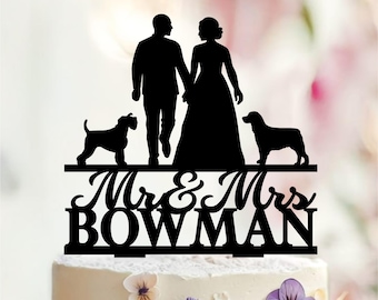 Personalized Wedding Cake Topper with Dogs, Mr & Mrs, Custom Pet Silhouette