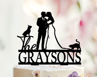 Wedding Cake Topper with bulldog, Bride Groom with Pets Silhouette toppers