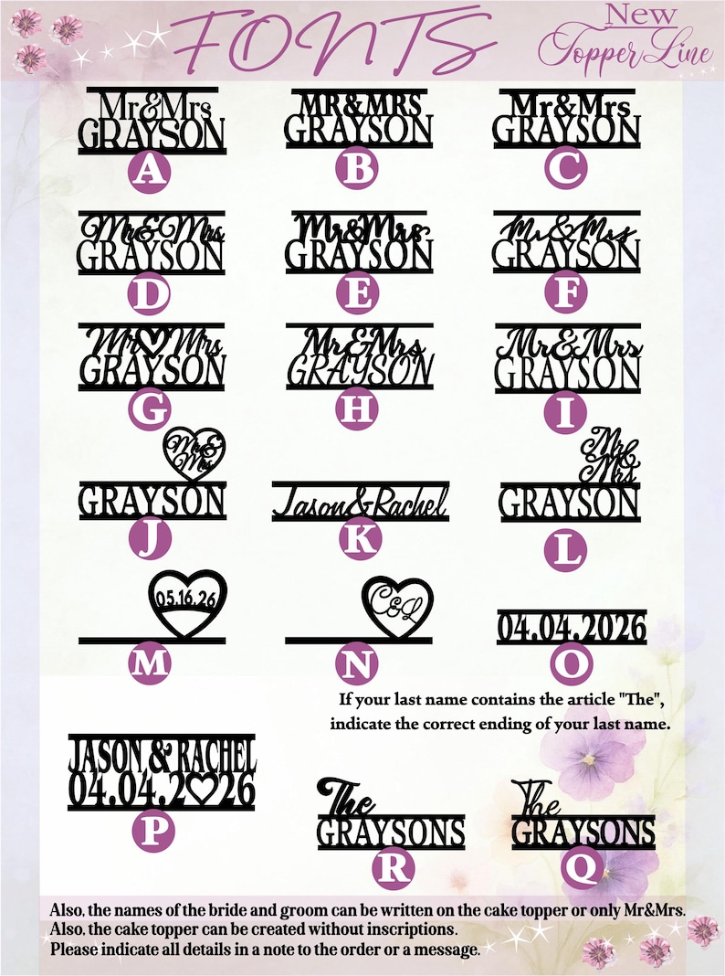 May include: A collection of black cake topper designs labeled A through R, featuring various fonts and layouts with text such as Mr & Mrs Grayson, Jason & Rachel, and dates like 05.16.26. The display includes heart motifs and custom name options.