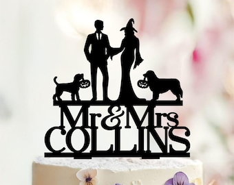 Gothic Halloween Wedding Cake Topper, Witch Bride, Custom Last Name
