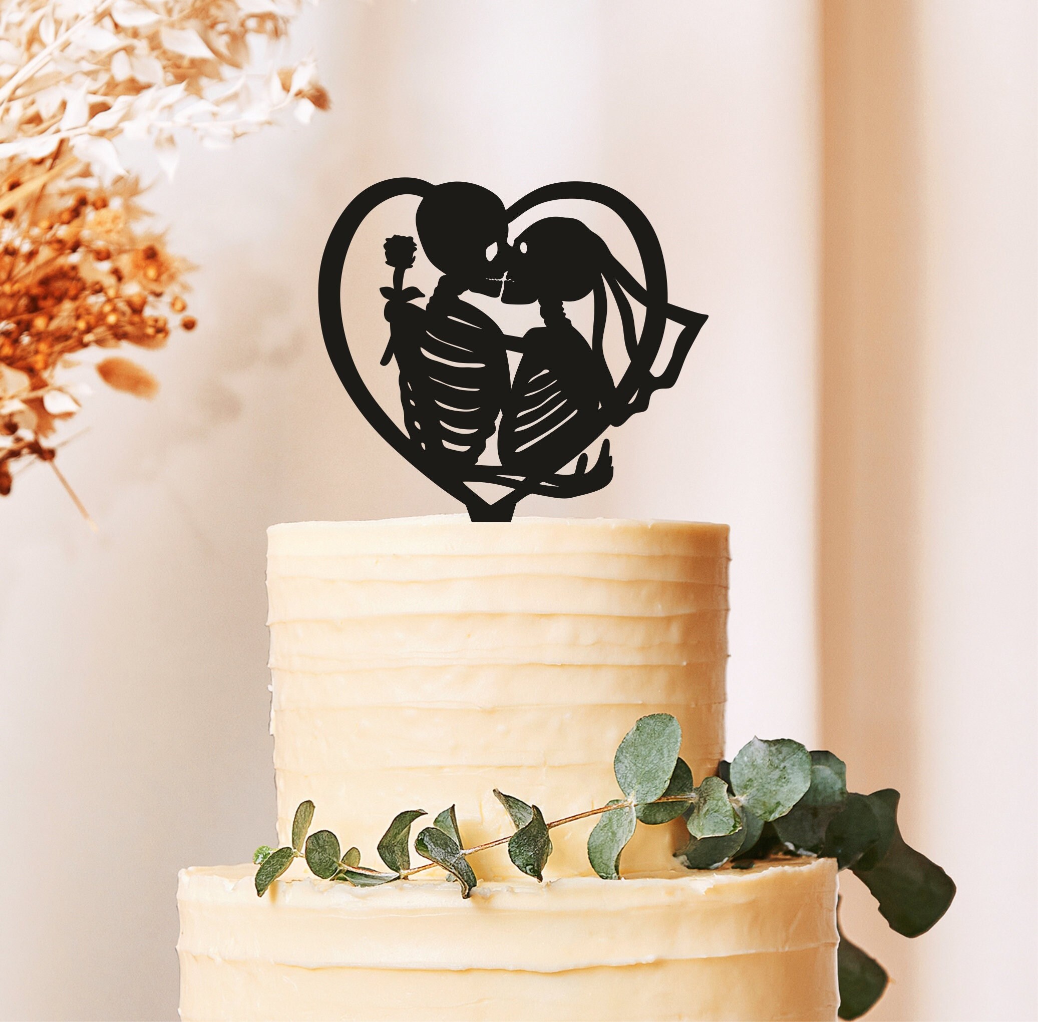 Halloween Wedding Topper with Skeleton, Skeletons Wedding Cake Topper, Gothic Wedding Cake Topper, Skull Wedding Cake Topper
