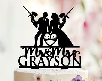 Personalized Paintball Couple Silhouette Wedding Cake Topper