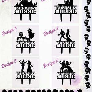 May include: A collection of six black acrylic cake toppers featuring various silhouettes of couples and the text MR & MRS CURRIE. The image includes a selection guide with numbered male and female hair style silhouettes labeled M1 through M14 and W1 through W14.