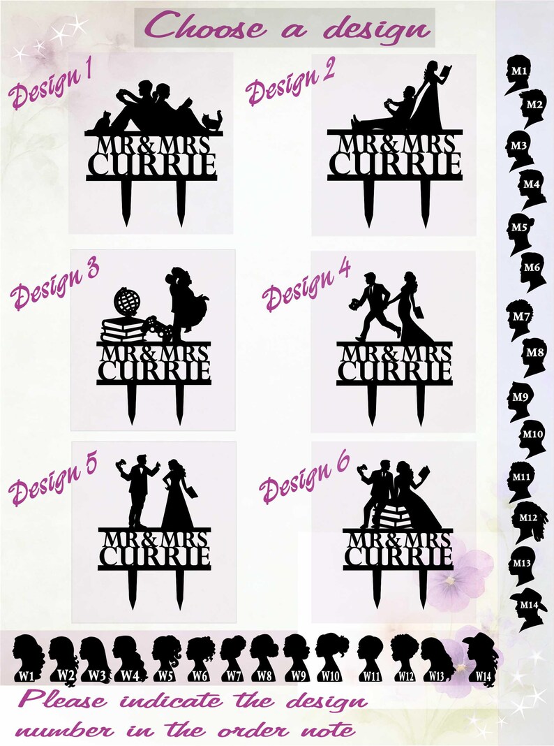 May include: A collection of six black acrylic cake toppers featuring various silhouettes of couples and the text MR & MRS CURRIE. The image includes a selection guide with numbered male and female hair style silhouettes labeled M1 through M14 and W1 through W14.