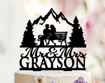 Anniversary Cake Topper Couple on Park Bench Wedding Tree Bride and Groom Retirement Engagement