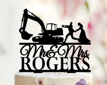 Excavator Wedding Cake Topper, Funny Construction Theme, Custom Name & Date