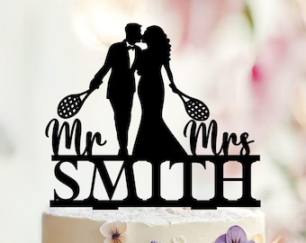Personalized Tennis Wedding Cake Topper, Bride and Groom Silhouette