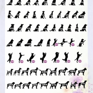 May include: A catalog sheet titled New PETS Topper Line featuring a grid of black silhouettes of various dog breeds in different poses. Each silhouette is numbered from 211 to 282, displayed against a light background with purple floral accents.