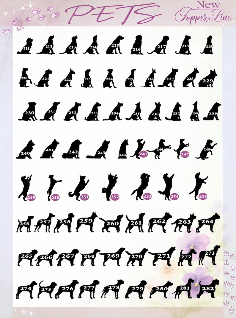 May include: A catalog sheet titled New PETS Topper Line featuring a grid of black silhouettes of various dog breeds in different poses. Each silhouette is numbered from 211 to 282, displayed against a light background with purple floral accents.
