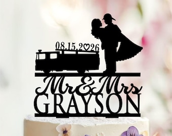 Personalized Fireman Wedding Cake Topper, Custom Date