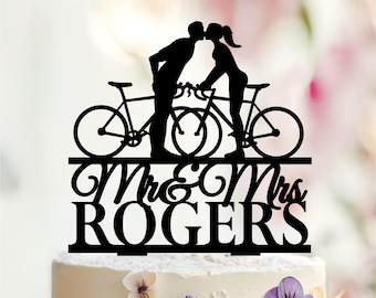 Bicycle Wedding Cake Topper, Bride and Groom Silhouette
