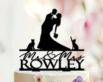 Custom Mr and Mrs Cake Topper with Cats, Wedding Silhouette