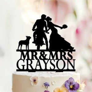 Personalisierte Motorrad-Hochzeitstorte-Topper, Paar mit Hund