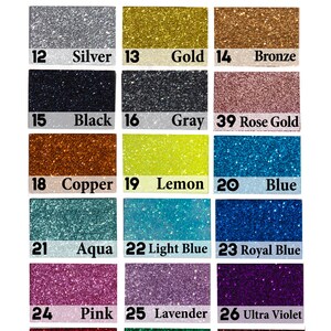 May include: A color chart displaying eighteen glitter samples labeled with numbers 12 through 29 and their corresponding names: Silver, Gold, Bronze, Black, Gray, Rose Gold, Copper, Lemon, Blue, Aqua, Light Blue, Royal Blue, Pink, Lavender, Ultra Violet, Red, Green, and Brown.