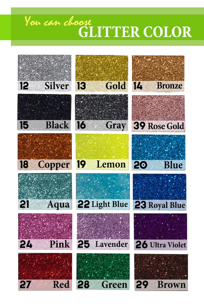 May include: A color chart displaying eighteen glitter samples labeled with numbers 12 through 29 and their corresponding names: Silver, Gold, Bronze, Black, Gray, Rose Gold, Copper, Lemon, Blue, Aqua, Light Blue, Royal Blue, Pink, Lavender, Ultra Violet, Red, Green, and Brown.