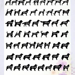 May include: A catalog sheet titled New PETS Topper Line featuring sixty black silhouettes of various dog breeds arranged in rows. Each silhouette is numbered from 283 to 343, showcasing diverse canine body shapes, tail positions, and ear styles.