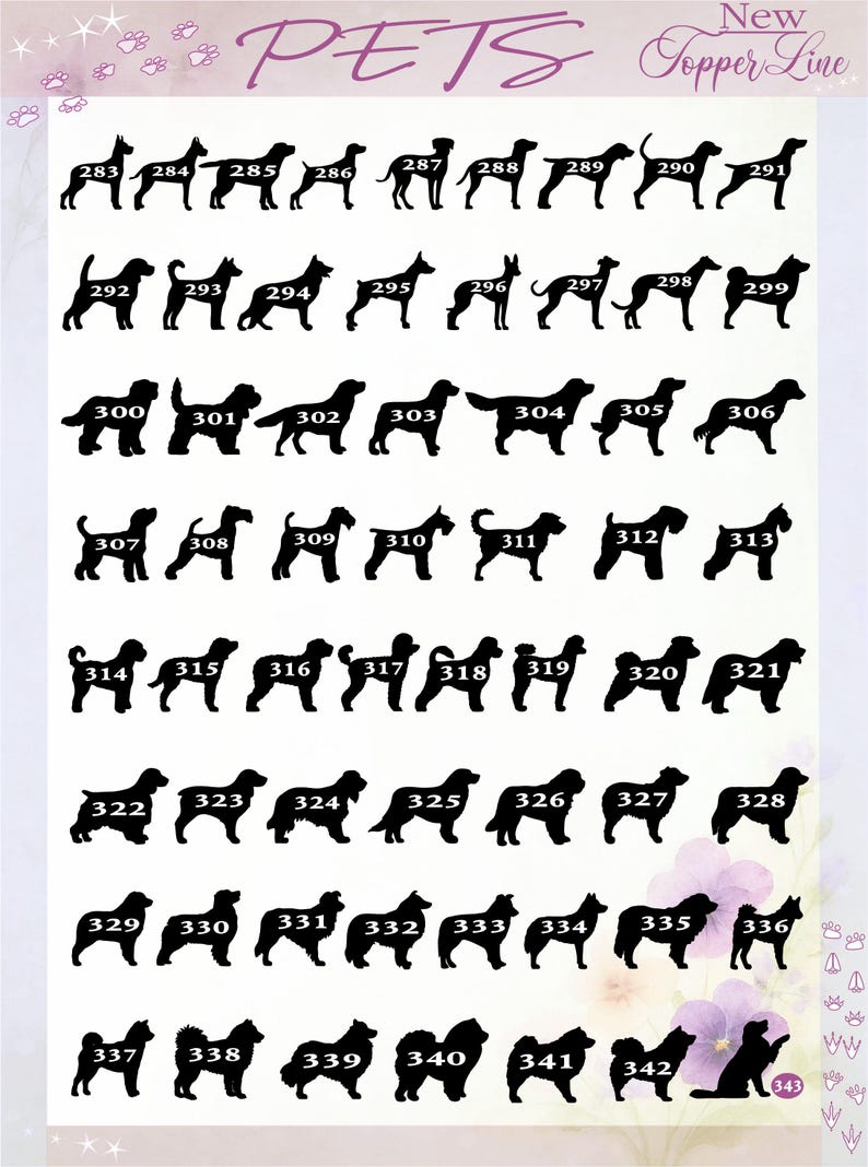 May include: A catalog sheet titled New PETS Topper Line featuring sixty black silhouettes of various dog breeds arranged in rows. Each silhouette is numbered from 283 to 343, showcasing diverse canine body shapes, tail positions, and ear styles.