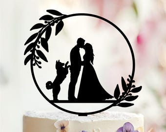 Custom Wedding Cake Topper with Dog, Couple Silhouette, Floral Wreath - Personalized Cake Decoration