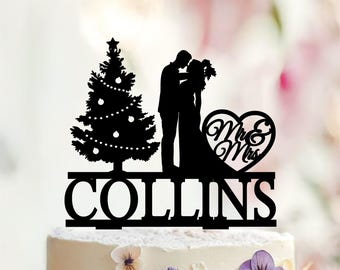 Personalized Christmas Wedding Cake Topper, Winter Snowflake Kissing Couple