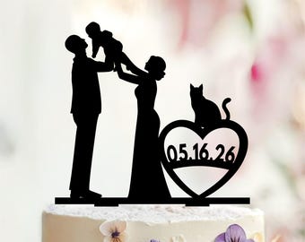Personalized Family Wedding Cake Topper with Cat, Custom Date