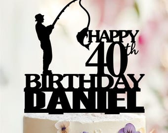 Personalized Fisherman Birthday Cake Topper, Fishing Silhouette