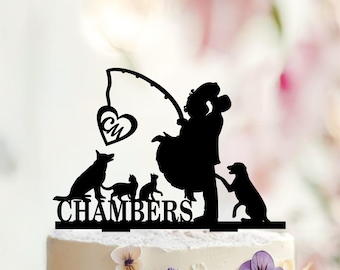 Personalized Fishing Couple Cake Topper, Dogs, Initials, Last Name