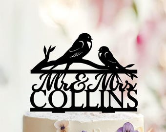 Topper per torta nuziale personalizzato con uccellini innamorati, Mr & Mrs