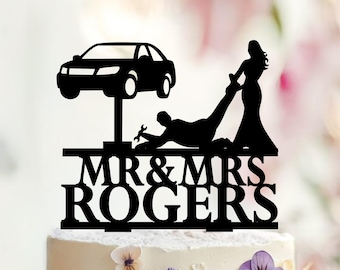 Funny Auto Mechanic Wedding Cake Topper, Personalized Mr & Mrs