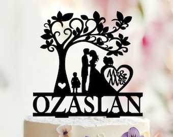 Oak Tree Wedding Cake Topper with Cats, Personalized Family Silhouette