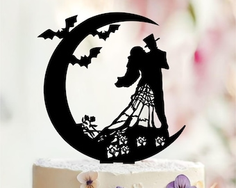 Gothic Wedding Cake Topper, Moon & Bats, Halloween Silhouette