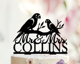 Personalized Parrot Wedding Cake Topper, Love Birds