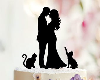 Custom Wedding Cake Topper, Cat and Dog Silhouette, Rustic Topper