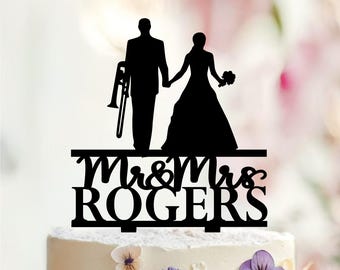 Personalized Trombone Player Wedding Cake Topper, Musician Silhouette