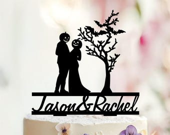 Halloween Wedding Cake Topper, Gothic Pumpkin & Bats