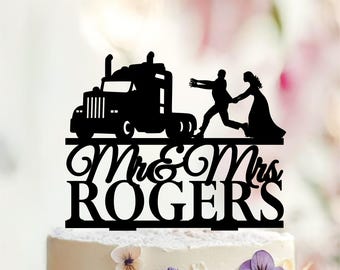 Funny Trucker Wedding Cake Topper, Bride and Groom
