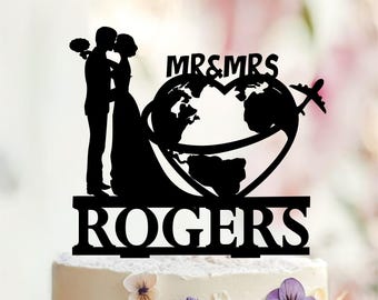 Travel Wedding Cake Topper, Airplane Globe Silhouette, Mr & Mrs