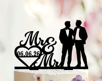 Gay Wedding Cake Topper, Mr and Mr Silhouette, Personalized Date