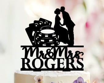 Poker Playing Wedding Cake Topper, Casino Cards Las Vegas gambling bride and groom