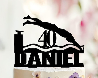 Personalized Swimming Birthday Cake Topper, Acrylic or Wood