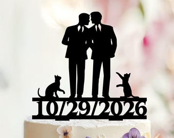 Gay Wedding Cake Topper with Cats and Date