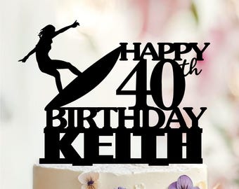 Personalized Surfer Silhouette Birthday Cake Topper