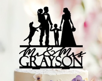 Personalized Family Cake Topper, Bride Groom with Children and Dog