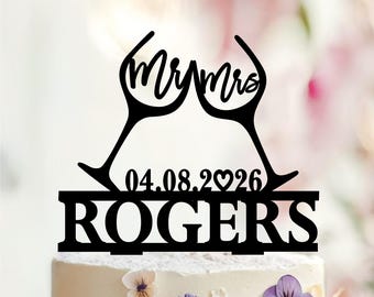 Personalized Wine Glasses Wedding Cake Topper, Mr and Mrs, Last Name and Date