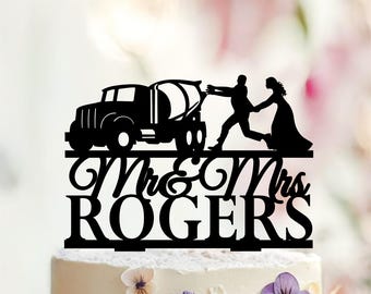 Concrete Truck Wedding Cake Topper, Bride Dragging Groom, Personalized Name