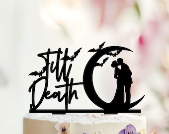 Adorno para tarta de boda gótica "Hasta la muerte", con luna y murciélagos de Halloween